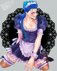 Rule 34 | 1boy, alternate costume, apron, bad id, bad pixiv id, blue hair, blush, crossdressing, cu chulainn (fate), doily, dress, enmaided, fangs, fate/stay night, fate (series), grey background, kneeling, lace, lace-trimmed legwear, lace trim, cu chulainn (fate/stay night), long hair, maid, maid apron, maid headdress, male focus, mary janes, mayuki (ubiquitous), ponytail, puffy sleeves, red eyes, shoes, solo, thighhighs, wrist cuffs