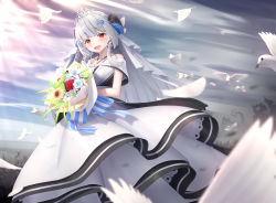 Rule 34 | 1girl, :d, animal, bare shoulders, bird, blue flower, blue rose, blush, bouquet, breasts, cleavage, cloud, cloudy sky, collarbone, commentary request, copyright request, dress, feathers, flower, grey hair, hair flower, hair ornament, han (hehuihuihui), highres, holding, holding bouquet, horns, long hair, looking at viewer, medium breasts, open mouth, outdoors, pleated dress, red eyes, red flower, red rose, rose, sky, smile, solo, sunlight, tiara, veil, white dress, white feathers, white flower, white rose