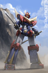 Rule 34 | absurdres, character name, cloud, commentary, dual wielding, english commentary, glowing, glowing eyes, highres, holding, holding sword, holding weapon, looking at viewer, mecha, muteki choujin zambot 3, rickyryan, robot, sai (weapon), science fiction, sky, solo, standing, super robot, sword, weapon, yellow eyes, zambot 3
