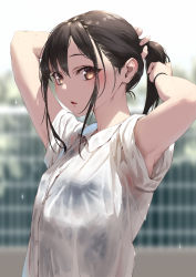Rule 34 | 1girl, adjusting hair, blurry, blurry background, brown eyes, brown hair, commentary request, jonsun, looking at viewer, one-piece swimsuit, original, parted lips, ponytail, shirt, solo, swimsuit, swimsuit under clothes, upper body, wet, wet clothes, wet hair, wet shirt, white shirt