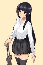Rule 34 | 1girl, black eyes, black hair, black skirt, black thighhighs, blunt bangs, closed mouth, collared shirt, commentary request, cowboy shot, dress shirt, hand on weapon, hand tattoo, highres, jinnai10, long hair, long sleeves, partially unbuttoned, pleated skirt, protagonist 2 (housamo), school uniform, shirt, sidelocks, skirt, solo, star tattoo, sword, tattoo, thighhighs, tokyo houkago summoners, weapon, white shirt, yellow background, zettai ryouiki