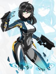 Rule 34 | 1girl, black hair, contrapposto, energy, green eyes, gun, highres, lips, long hair, looking to the side, original, saggitary, skin tight, smile, solo, standing, trigger discipline, weapon, zoom layer