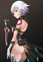 Rule 34 | 1girl, ass, back, bandaged arm, bandages, bare shoulders, black gloves, black thighhighs, fate/apocrypha, fate (series), fingerless gloves, gloves, green eyes, hamidasu, holding, holding knife, jack the ripper (fate/apocrypha), knife, looking at viewer, parted lips, scar, short hair, simple background, single glove, solo, thighhighs, white hair