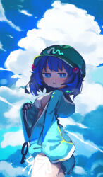 Rule 34 | 1girl, absurdres, bikini, blue eyes, blue hair, blue jacket, chii (tsumami tsumamare), cloud, cloudy sky, commentary, cowboy shot, day, flat cap, from side, green hat, hair bobbles, hair ornament, hat, highres, hood, hooded jacket, jacket, kawashiro nitori, open clothes, open jacket, short hair, sky, sleeves past fingers, sleeves past wrists, solo, swimsuit, symbol-only commentary, touhou, two side up, white bikini