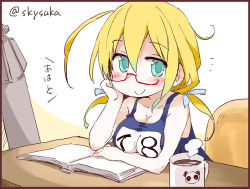 Rule 34 | 10s, 1girl, :&gt;, blonde hair, book, coffee, coffee mug, cup, glasses, green eyes, hair ribbon, i-8 (kancolle), kantai collection, looking at viewer, mug, name tag, one-piece swimsuit, ribbon, school swimsuit, solo, steam, suka, swimsuit, torpedo, twintails