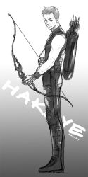 Rule 34 | 1boy, animification, archer (fate), arrow (projectile), artist name, avengers (series), bad id, bad pixiv id, boots, bow (weapon), character name, clint barton, english text, engrish text, fate (series), full body, greyscale, hawkeye (marvel), male focus, marksman, marvel, monochrome, onegingek, quiver, ranguage, solo, standing, superhero costume, weapon