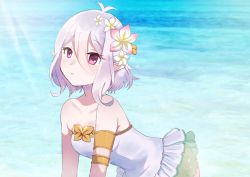 Rule 34 | 1girl, armlet, bare shoulders, breasts, collarbone, day, flower, frilled swimsuit, frills, hair between eyes, hair flower, hair ornament, kokkoro (princess connect!), kokkoro (summer) (princess connect!), leaning forward, light rays, light smile, looking at viewer, ocean, one-piece swimsuit, outdoors, pink eyes, pointy ears, princess connect!, short hair, silver hair, small breasts, solo, strapless, strapless one-piece swimsuit, sunbeam, sunlight, swimsuit, upper body, yupi (yuyupiko01)