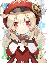 Rule 34 | 1girl, ahoge, backpack, bad id, bad pixiv id, bag, bag charm, brown gloves, brown scarf, cabbie hat, charm (object), clover print, coat, commentary request, dodoco (genshin impact), genshin impact, gloves, hair between eyes, hat, hat feather, hat ornament, highres, klee (genshin impact), light brown hair, long hair, long sleeves, looking at viewer, low twintails, nage (sacosui ng), parted lips, pointy ears, randoseru, red coat, red eyes, scarf, sidelocks, solo, twintails
