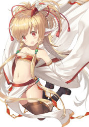 Rule 34 | 10s, 1girl, animal ears, bandeau, bare shoulders, blonde hair, blush, brown thighhighs, collarbone, detached sleeves, feathers, flat chest, granblue fantasy, hair ornament, hand on own chest, harvin, heijialan, long hair, looking at viewer, mahira (granblue fantasy), navel, open mouth, red eyes, sandals, simple background, solo, thighhighs, white background, wide sleeves