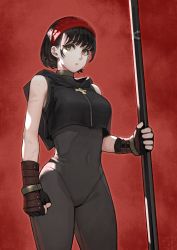 Rule 34 | 1girl, black hair, bodysuit, breasts, commentary, english commentary, fingerless gloves, gauntlets, gloves, headband, highres, holding, holding staff, holding weapon, hood, hooded vest, hoodie, jun (navigavi), looking at viewer, original, red background, short hair, sleeveless, solo, staff, vest, weapon