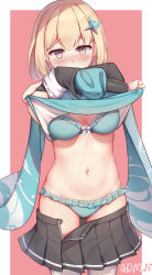Rule 34 | 1girl, absurdres, arms up, bikini, bikini under clothes, black skirt, blonde hair, blue bikini, blue kimono, blush, border, breasts, brown eyes, clothes lift, cowboy shot, frilled bikini, frills, highres, japanese clothes, jean.organ, kimono, kimono lift, long sleeves, looking at viewer, looking back, medium breasts, miniskirt, navel, open clothes, open fly, open skirt, outside border, pantyhose, pink background, pleated skirt, short hair, shuriken hair ornament, signature, simple background, skirt, solo, souryuu (warship girls r), stomach, swimsuit, undressing, warship girls r, white border, white pantyhose