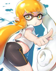 Rule 34 | 1girl, bent over, bike shorts, blonde hair, chromatic aberration, eyebrows, inkling, inkling girl, inkling player character, long hair, looking at viewer, midriff, monster girl, naso4, nintendo, parted lips, pointing, short hair with long locks, solo, splatoon (series), splatoon 1, squid, tentacle hair, thighs, twintails