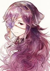 Rule 34 | 1girl, closed mouth, commentary, english commentary, eyepatch, flower, flower eyepatch, hair ornament, head only, jewelry, light smile, long hair, looking at viewer, one eye covered, original, purple flower, purple hair, red eyes, ribbon, simple background, smile, solo, twitter username, veil, white background, xin (24914), yellow ribbon