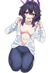 Rule 34 | 1girl, absurdres, alternate costume, black pants, blue archive, blush, breasts, collarbone, hair between eyes, haruka (blue archive), highres, je o mo, long sleeves, looking at viewer, medium breasts, medium hair, open clothes, open mouth, open shirt, pants, purple eyes, purple hair, shirt, simple background, solo, white background, white shirt
