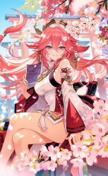 Rule 34 | 1girl, animal ears, bare shoulders, blue sky, blush, book, breasts, cherry blossoms, crossed legs, detached sleeves, earrings, flower, fox ears, genshin impact, grin, hair ornament, highres, jewelry, large breasts, long hair, looking at viewer, michi (iawei), necklace, pendant, pink hair, purple eyes, red skirt, sidelocks, sitting, skirt, sky, sleeveless, smile, solo, thighs, torii, very long hair, wide sleeves, yae miko