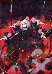 Rule 34 | 1girl, 6+others, animal ears, armor, blood, bloody weapon, blush, coat, dual wielding, gloves, grey hair, gun, hat, highres, holding, holding gun, holding sword, holding weapon, mask, unworn mask, medium hair, military, military uniform, mouse ears, mouse girl, multiple others, original, plague doctor mask, polearm, ranyu, red gloves, red legwear, spear, sword, uniform, weapon
