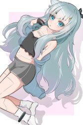 Rule 34 | 1girl, absurdres, and uge, black camisole, blue eyes, blue jacket, blunt bangs, blush, breasts, camisole, commentary request, dolphin shorts, expressionless, finger cots, full body, grey hair, grey shorts, highres, jacket, joints, long hair, long sleeves, looking at viewer, medium bangs, midriff, nanashi inc., off shoulder, open mouth, rainy day nns, robot joints, shorts, small breasts, socks, solo, strap slip, very long hair, virtual youtuber, white socks
