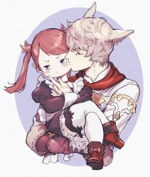 Rule 34 | 1boy, 1girl, animal ears, blue pupils, blush, brown choker, brown hair, carrying, choker, closed eyes, crossed arms, crossed legs, facial mark, final fantasy, final fantasy xiv, fingernails, grey hair, h&#039;mhasi tia, hand on another&#039;s face, hetero, holding, holding person, kiss, kissing cheek, lalafell, long hair, looking away, maid, maid headdress, melkoko, miqo&#039;te, neji vuldarak, pointy ears, pout, princess carry, puffy sleeves, purple eyes, red footwear, slit pupils, texture, thighhighs, twintails, white thighhighs