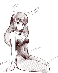 Rule 34 | 1girl, animal ears, bare shoulders, boa (brianoa), breasts, cleavage, closed mouth, detached collar, fake animal ears, gatchaman crowds, greyscale, highres, ichinose hajime, leotard, long hair, looking at viewer, monochrome, pantyhose, playboy bunny, rabbit ears, rabbit tail, simple background, smile, solo, strapless, tail, white background