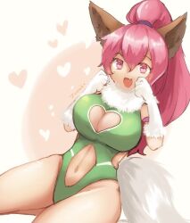 Rule 34 | 1girl, :d, animal ears, animal hands, breasts, cat ears, cat tail, cleavage, cleavage cutout, clothing cutout, gloves, green leotard, heart cutout, large breasts, leotard, long hair, looking at viewer, navel, navel cutout, open mouth, perisie (star ocean), pink hair, ponytail, smile, solo, star ocean, star ocean first departure, tail, trutsmn, wide ponytail