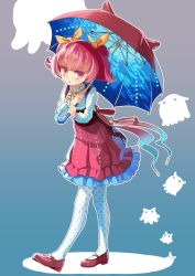 Rule 34 | 1girl, back, bow, colornix, commentary request, frilled shirt collar, frilled skirt, frills, full body, gradient background, hair ribbon, high-waist skirt, holding, holding umbrella, long sleeves, looking at viewer, mary janes, neck ribbon, original, outline, pantyhose, pink footwear, pink hair, pink skirt, polka dot, polka dot legwear, ribbon, sash, shoes, sidelocks, skirt, solo, squid, twintails, umbrella, virtual youtuber, walking, white outline, yellow ribbon