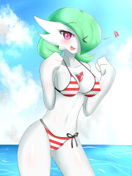 Rule 34 | 1girl, beach, bikini, blush, breasts, cleavage, cloud, creatures (company), day, fang, front-tie bikini top, front-tie top, furry, game freak, gardevoir, gen 3 pokemon, highres, looking at viewer, navel, nintendo, no humans, open mouth, pokemon, pokemon (creature), red eyes, sana!rpg, sky, smile, solo, standing, striped bikini, striped clothes, swimsuit, thighs