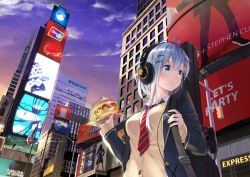 Rule 34 | 1girl, ahoge, akg k-series headphones, american flag, billboard, black coat, blue eyes, blue hair, blue sky, breasts, brown jacket, building, burger, buttons, city, closed mouth, cloud, coat, collared shirt, commentary request, day, eating, food, food on face, from below, guitar case, hair ornament, hairclip, headphones, highres, holding, holding behind back, holding food, instrument case, jacket, lips, long hair, long sleeves, looking to the side, medium breasts, meso-meso, necktie, new york, open clothes, open coat, original, outdoors, over shoulder, real world location, reflection, salad, school uniform, shirt, sky, skyscraper, sleeves past wrists, smile, solo, striped necktie, striped neckwear, tareme, traffic light, united states, upper body, white shirt, wing collar, wrapper