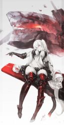 Rule 34 | 10s, 1girl, absurdres, abyssal ship, aircraft carrier princess, boots, breasts, colored skin, gauntlets, hair between breasts, highres, kantai collection, labombardier!, long hair, pointing, red eyes, side ponytail, sitting, smile, solo, thigh boots, thighhighs, very long hair, white hair, white skin