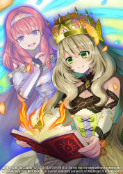 Rule 34 | 2girls, bare shoulders, blonde hair, book, breasts, butterfly hair ornament, celica (fire emblem), celine (fire emblem), closed mouth, crown, detached sleeves, dress, fire, fire emblem, fire emblem echoes: shadows of valentia, fire emblem engage, flower, green eyes, hair flower, hair ornament, highres, holding, holding book, long hair, magic, multiple girls, nintendo, open mouth, red eyes, red hair, shimako (smk023), small breasts, smile, twitter username, very long hair, white dress, yellow dress