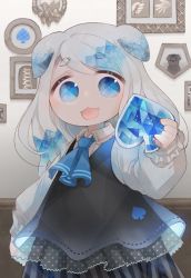 Rule 34 | 1girl, absurdres, animal ears, binzoko paroma, black dress, blue eyes, blue gemstone, blue hair, blue neckerchief, commentary, cowboy shot, drawing (object), dress, english commentary, gem, grey hair, highres, hikimayu, holding, holding gem, long hair, long sleeves, looking at viewer, mixed-language commentary, multicolored hair, neckerchief, open mouth, original, picture frame, shirt, sleeveless, sleeveless dress, smile, solo, spade (shape), swept bangs, white shirt