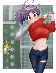 Rule 34 | 1girl, :/, absurdres, ahoge, anger vein, ball, baseball, baseball bat, blush, breasts, closed mouth, commentary request, cowboy shot, crop top, crop top overhang, cropped sweater, denim, earrings, fang, hair ornament, hair scrunchie, highres, holding, holding baseball bat, hoop earrings, jeans, jewelry, large breasts, looking at viewer, mattsuu, midriff, navel, navel piercing, original, pants, piercing, ponytail, purple eyes, purple hair, red scrunchie, red sweater, scrunchie, solo, standing, sweater, torn clothes, torn jeans, torn pants