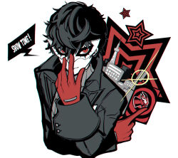 Rule 34 | 1boy, amamiya ren, black coat, black hair, building, calling card, closed mouth, coat, english text, eye mask, gloves, hair between eyes, holding, long sleeves, looking at viewer, male focus, mask, mudo on8, persona, persona 5, red eyes, red gloves, simple background, solo, speech bubble, star (symbol), upper body, white background, white mask