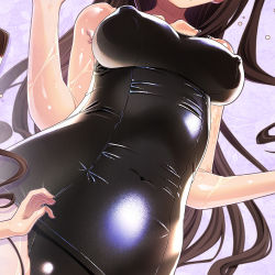 Rule 34 | 1girl, bad id, bad pixiv id, breasts, brown hair, character request, from below, head out of frame, highres, idolmaster, idolmaster cinderella girls, impossible clothes, impossible swimsuit, long hair, medium breasts, oil, one-piece swimsuit, sakuya tsuitachi, school swimsuit, shiny clothes, solo, swimsuit