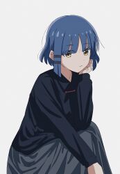 Rule 34 | 1girl, absurdres, black shirt, blue hair, blunt bangs, blunt ends, bocchi the rock!, closed mouth, collared shirt, commentary, expressionless, eyes visible through hair, grey skirt, hair ornament, hairclip, hand on own cheek, hand on own face, head rest, highres, long skirt, long sleeves, looking at viewer, mole, mole under eye, shirt, short hair, simple background, skirt, solo, squatting, tsmkn26, white background, yamada ryo, yellow eyes