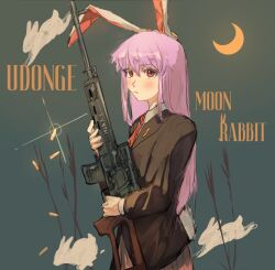 Rule 34 | 1girl, animal ears, assault rifle, character name, crescent moon, gun, hair between eyes, holding, holding gun, holding weapon, moon, rabbit, rabbit ears, rabbit tail, reisen udongein inaba, rifle, scope, shell casing, simple background, sparkle71059204, submachine gun, tail, touhou, upper body, weapon