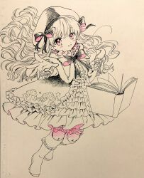 Rule 34 | 1girl, beret, bloomers, blush stickers, book, boots, bow, buttons, capelet, clenched hand, collar, collared dress, commentary, dress, eyelashes, fate/grand order, fate (series), food print, frilled collar, frilled dress, frilled footwear, frilled sleeves, frills, full body, fur-trimmed capelet, fur trim, greyscale, hair bow, hat, high collar, highres, knee boots, knees, lolita fashion, long sleeves, looking at viewer, monochrome, mushroom print, no+bi=, nursery rhyme (fate), open book, open mouth, outstretched hand, pink eyes, short dress, smile, solo, spot color, star (symbol), star print, striped bow, telekinesis, traditional media, turning page, underwear