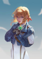 Rule 34 | 10s, 1girl, absurdres, blonde hair, blue eyes, blue jacket, blue sky, braid, brooch, closed mouth, crying, crying with eyes open, dress, hair between eyes, hair intakes, hair ribbon, hand on own chest, highres, jacket, jewelry, mechanical hands, prosthesis, prosthetic arm, prosthetic hand, red ribbon, ribbon, single mechanical hand, sky, smile, solo, takashitan, tears, upper body, violet evergarden, violet evergarden (series), white dress, white neckwear