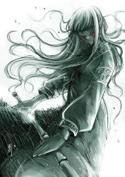 Rule 34 | 1girl, antaria, blindfold, blood, bloody tears, long hair, monochrome, original, solo, spot color, sword, weapon