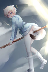 Rule 34 | 10s, 1girl, ^^^, animal ears, ass, between legs, blonde hair, blue eyes, blush, boots, brave witches, broom, broom riding, dutch angle, fang, highres, looking back, nikka edvardine katajainen, nyaku, open mouth, pantyhose, ribbed sweater, short hair, solo, strike witches, sweater, tail, tears, trembling, weasel ears, weasel tail, white pantyhose, world witches series