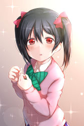 Rule 34 | 1girl, black hair, blush, bow, bowtie, brown background, cardigan, collared shirt, commentary request, crying, dress shirt, from above, green bow, green bowtie, hair between eyes, hair bow, half-closed eyes, hands up, highres, hitotsuki no yagi, long sleeves, looking at viewer, looking to the side, love live!, love live! school idol project, medium hair, otonokizaka school uniform, parted lips, pink cardigan, purple skirt, rain, red bow, red eyes, school uniform, shirt, skirt, solo, sparkle, standing, striped bow, striped bowtie, striped clothes, striped neckwear, sunlight, tareme, tears, twintails, upper body, white shirt, yazawa nico