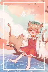 Rule 34 | 1girl, animal ear fluff, animal ears, bad id, bad pixiv id, barefoot, blush, bow, bowtie, branch, brown hair, cat, cat ears, cat tail, caustics, chen, cherry blossoms, closed eyes, cloud, cross-laced clothes, day, dotted line, dress, earrings, fingernails, flat chest, full body, glint, gold trim, green hat, hand up, happy, hat, highres, jewelry, long fingernails, long sleeves, mob cap, multiple tails, nekomata, open mouth, outdoors, outline, petticoat, puffy sleeves, red dress, sharp fingernails, shirohebi (sizka12), short hair, single earring, sitting, smile, solo, tail, touhou, translation request, tree, two tails, water, white bow, white bowtie