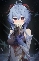 Rule 34 | 1girl, ahoge, bare shoulders, bell, black background, black gloves, blue hair, blush, breasts, chinese knot, covering own mouth, detached sleeves, flower, flower knot, ganyu (genshin impact), genshin impact, gloves, highres, holding, holding flower, horns, long hair, looking at viewer, medium breasts, neck bell, purple eyes, qingxin flower, sera narumu, sidelocks, snowflakes, solo, upper body, vision (genshin impact), white flower, white sleeves