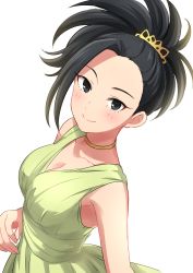 Rule 34 | 10s, 1girl, absurdres, black eyes, black hair, blush, boku no hero academia, breasts, choker, cleavage, closed mouth, commentary request, dress, green dress, hair ornament, highres, jewelry, large breasts, looking at viewer, sekina, simple background, sleeveless, sleeveless dress, smile, solo, upper body, white background, yaoyorozu momo, yellow choker