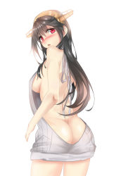 Rule 34 | 10s, 1girl, ass, backless dress, backless outfit, bare back, black hair, blush, breasts, butt crack, dress, female focus, from behind, hairband, halterneck, haruna (kancolle), kantai collection, large breasts, long hair, looking at viewer, looking back, meme attire, naked sweater, no bra, no panties, open mouth, red eyes, ribbed sweater, sideboob, simple background, solo, sweater, sweater dress, turtleneck, turtleneck sweater, virgin killer sweater, white background, yakumocc