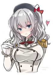 Rule 34 | 1girl, blue eyes, breasts, buttons, epaulettes, fathom, gloves, heart, highres, jacket, kantai collection, kashima (kancolle), large breasts, long sleeves, looking at viewer, military jacket, neckerchief, red neckerchief, silver hair, simple background, smile, solo, twintails, upper body, wavy hair, white background, white gloves, white jacket