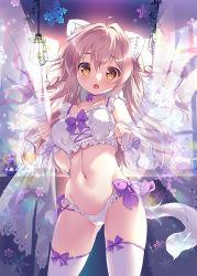 Rule 34 | 1girl, animal ear fluff, animal ears, blush, bow, bow bra, bow panties, bra, braid, breasts, brown eyes, brown hair, cameltoe, cat ears, cat girl, cat tail, cleft of venus, commentary request, curtains, fang, frilled bra, frilled panties, frills, hair between eyes, highres, long hair, looking at viewer, medium breasts, mikeou, navel, open mouth, original, panties, solo, standing, tail, thighhighs, transparent, underwear, very long hair, white bra, white panties, white thighhighs