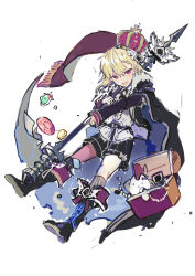 Rule 34 | 1boy, bad id, bad pixiv id, belt, black cape, black footwear, black shorts, blonde hair, boots, box, cape, child, crown, full body, holding, holding weapon, ikeuchi tanuma, looking at viewer, male focus, open mouth, original, purple eyes, scarf, shirt, short shorts, shorts, simple background, sketch, solo, weapon, white background, white shirt