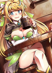 Rule 34 | 1girl, absurdres, alcohol, bad id, bad pixiv id, black cape, blonde hair, blue eyes, blush, bow, bread, breasts, cape, cleavage, cup, dutch angle, earrings, elf, epic seven, food, green bow, hair bow, hair ornament, highres, indoors, jewelry, karadborg, large breasts, crossed legs, long hair, mug, navel, pointy ears, shelf, silk (epic seven), sitting, solo, table