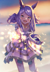 Rule 34 | 1girl, animal ears, arm garter, bare shoulders, blurry, blurry background, blush, clenched hand, dress, fireworks, highres, holding fireworks, horse ears, horse girl, horse tail, jewelry, long hair, looking at viewer, mejiro mcqueen (ripple fairlady) (umamusume), mejiro mcqueen (umamusume), necklace, open mouth, outdoors, purple eyes, purple hair, reaching, reaching towards viewer, short twintails, sleeveless, sleeveless dress, smile, solo, sparkler, standing, standing on one leg, tail, tks (526tks), twintails, umamusume