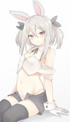 Rule 34 | 1girl, animal ears, bad id, bad twitter id, bare shoulders, black ribbon, black shorts, black thighhighs, blush, bra strap, breasts, character request, crop top, detached collar, gloves, half-closed eyes, looking at viewer, mobu, navel, off shoulder, open fly, panties, rabbit ears, red eyes, ribbon, short shorts, shorts, silver hair, simple background, small breasts, smile, solo, stomach, striped clothes, striped panties, thighhighs, twintails, underwear, unzipped, white background, white gloves, white panties, wrist cuffs